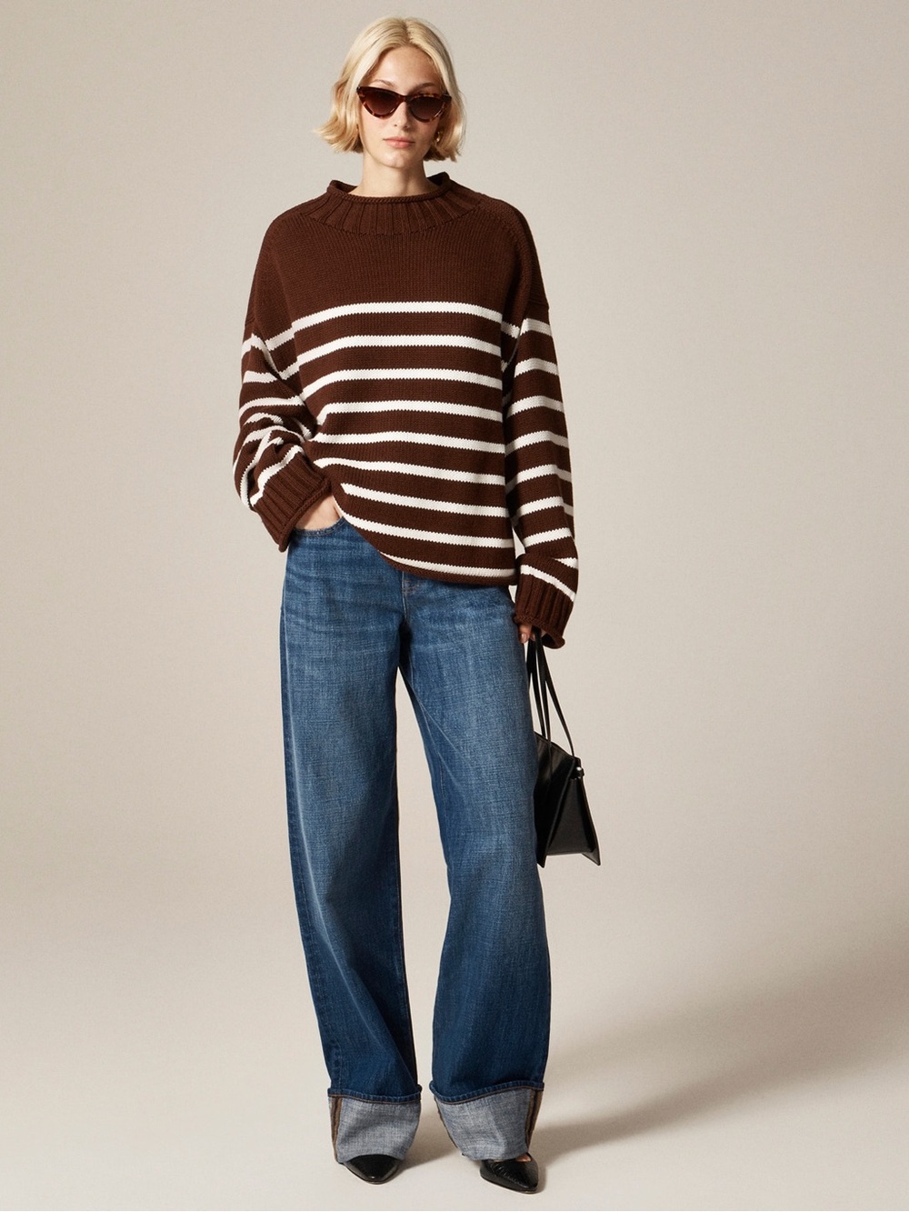 NWT J. Crew 2025 Rollneck Sweater brown and white stripe L